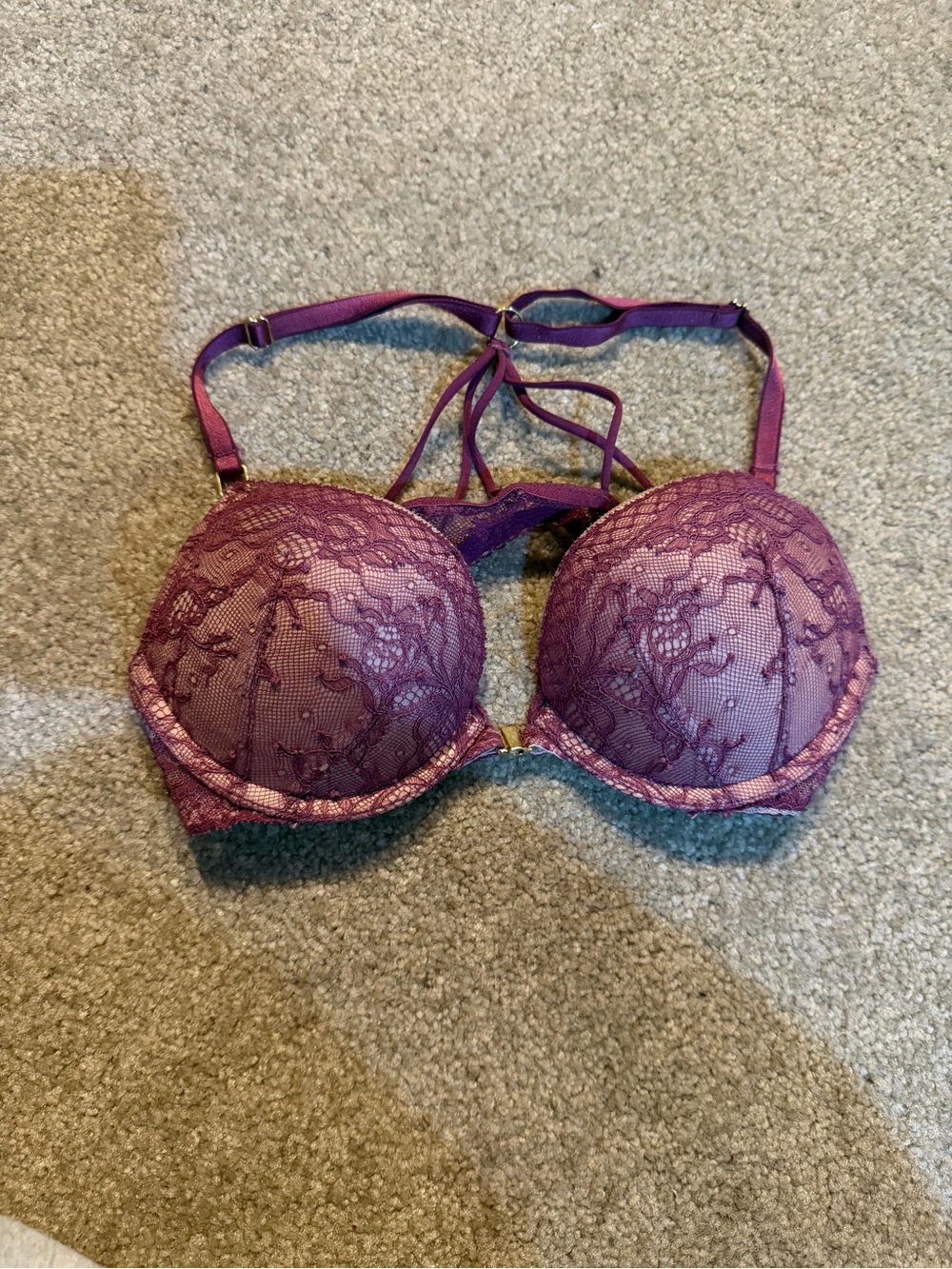 Victoria's Secret Wine/Mauve Lace Bombshell Push-Up Bra with Strappy Detail